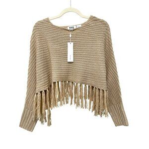 525 America Fringed Tan Knit Poncho Sweater One Size